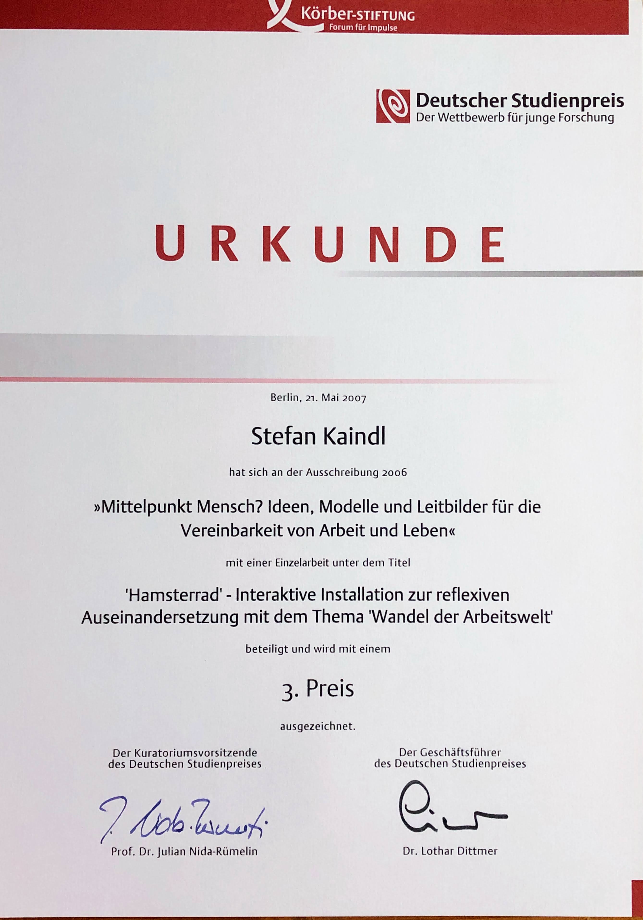 Urkunde des deutschen Studienpreises der Körber Stiftung